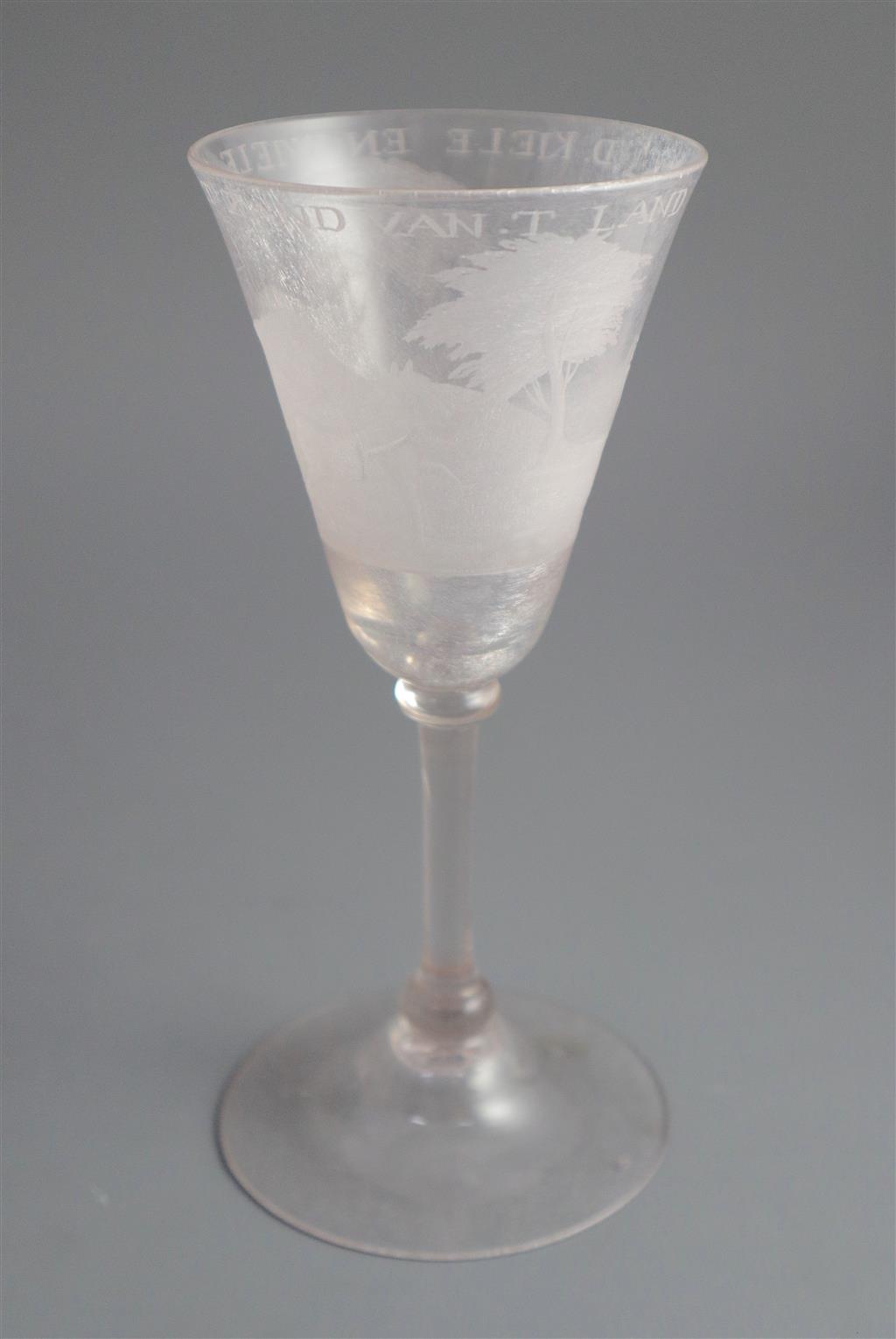 A Dutch wheel engraved wine glass, c.1750, 18cm high